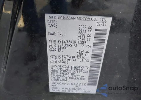 2013 Nissan Pathfinder S z USA, uszkodzony, nr VIN 5N1AR2MN4DC642250